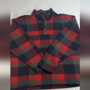 Orvis Red and Green Plaid Pull Over Sweater Jacket 1/4 Snap. Sz XL